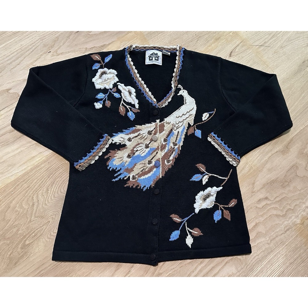 Storybook Knits Sweater Women's Medium Cardigan Peacock Embroidered Beaded
